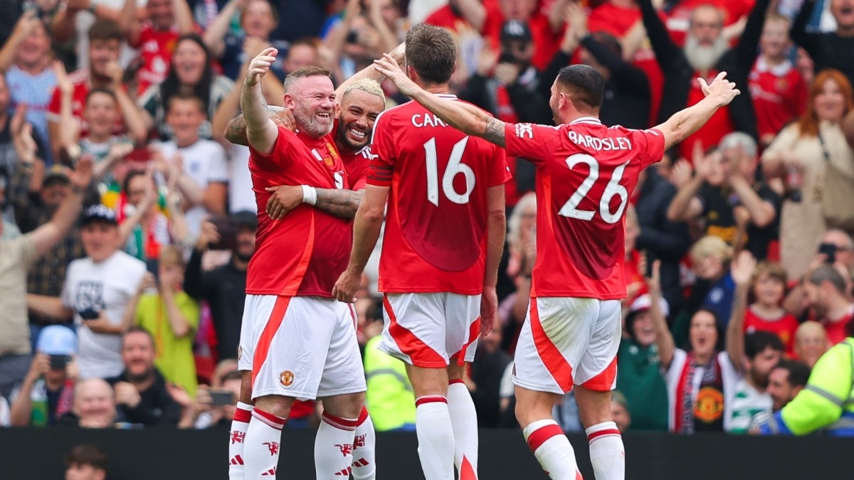 Wayne Rooney celebrates scoring a goal in legends' game. (Reuters Photo) Wayne Rooney
